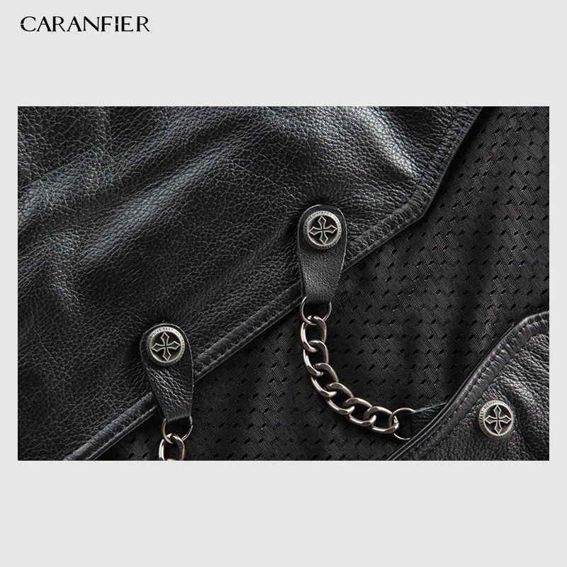 Мужской жилет из натуральной кожи CARANFIER Байкерский без рукавов с металлической