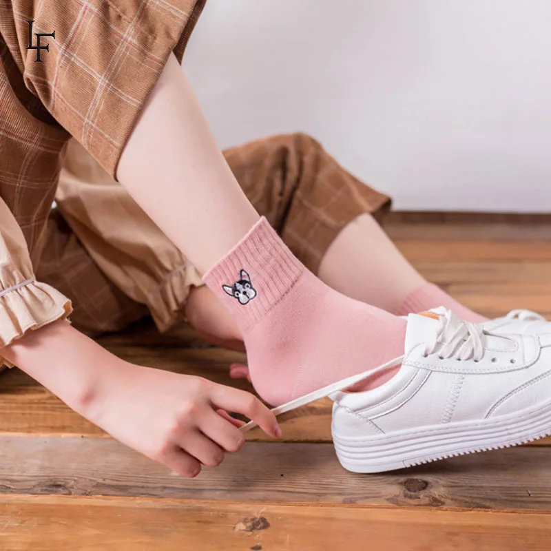 Новые однотонные носки женские тонкие носки с вышивкой бульдога из чистого хлопка японские удобные носки женские