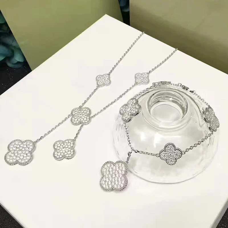 

2018 Brand Wedding Silver Jewelry Set For Women Gold Color Necklace Full Stone Four Leaf lover Necklace Earrings Bracelet Set