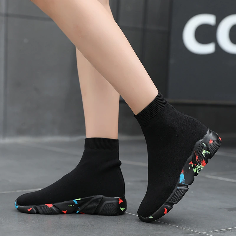 

Dropshipping Sneakers Women Men Knit Upper Breathable Shoes Sock Boots Woman Chunky Shoes High Top elastic Shoes For Men Women