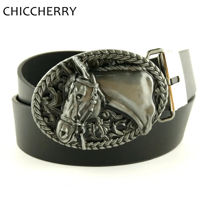 Men's Black PU Leather Belts 130cm Western Cowboy 3D Horse Belt Buckles