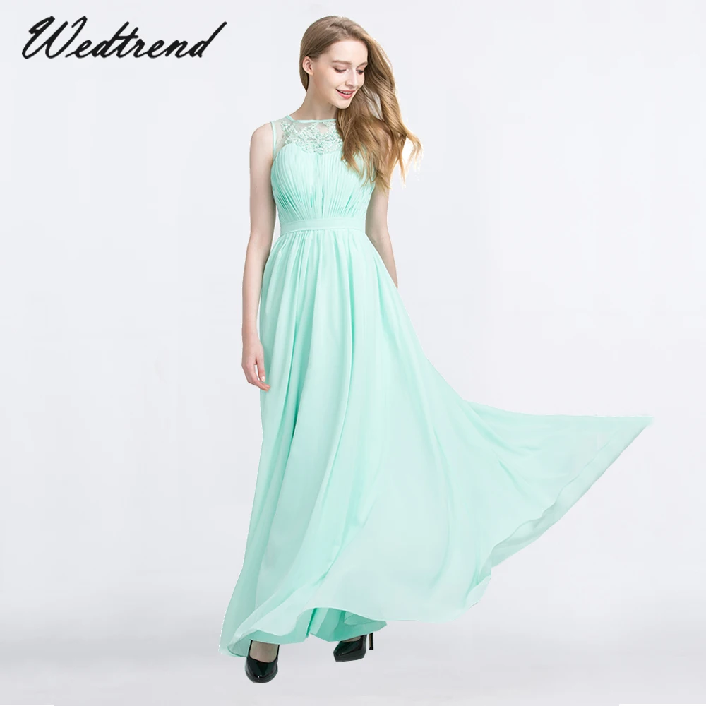 

Wedtrend Mint Green Evening Dress Long Sexy O Neck Applique Pleated Chiffon Formal Gowns abiye gece elbisesi