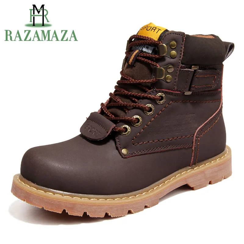 

RAZAMAZA Winter Men Real Leather Ankle Boots Inside Thick Fur Keep Warm Lace Up Boots Work Shoes Male Footwear Size 40-43