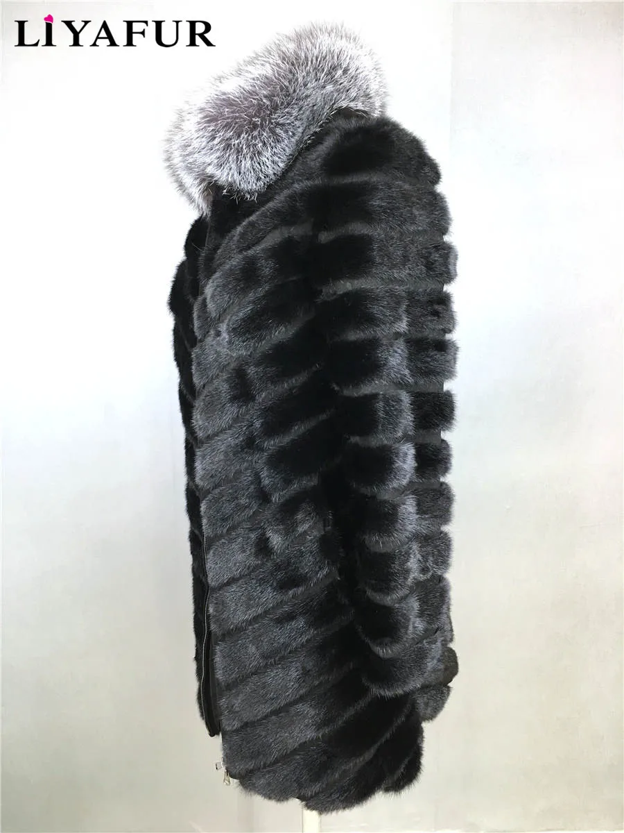 Женская Шуба из натурального меха норки с воротником лисьего меха|real mink fur coat|mink