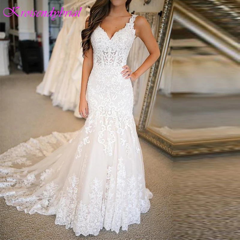 DZW576 Vestido Novia Русалка Свадебные платья бретели для нижнего белья Свадебная Кружевная аппликация свадебное платье для халат атласный Mariee Dentelle
