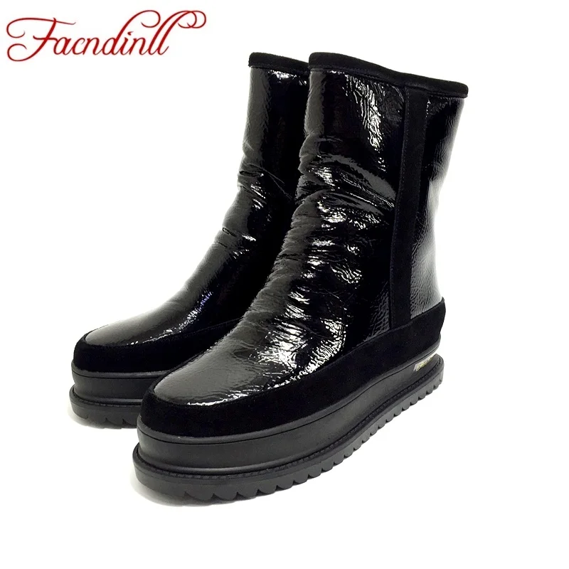

FACNDINLL women winter snow boots high quality genuine leather fur flat heel platform black silver ankle boots warm shoes woman