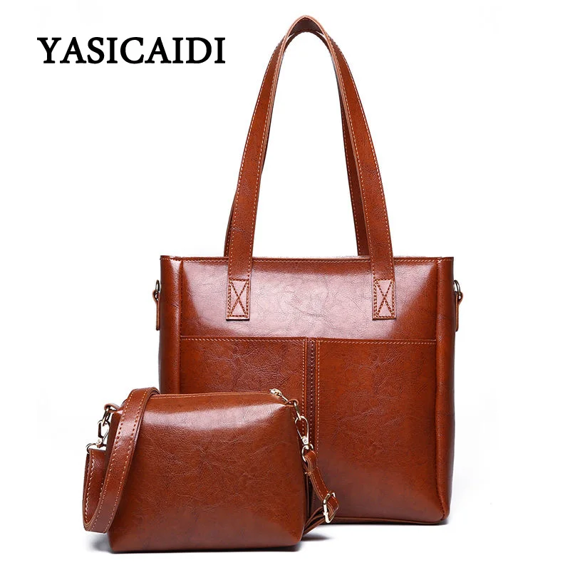 

Fashiom 2pcs/set women pu leather handbag high quality Oil Leather totes ladies shoulder crossbody bag female messenger Bags