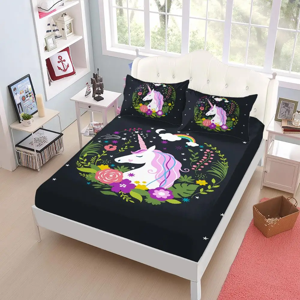 buy Princess Unicorn Sheet Set Girls Cartoon Floral Print Fitted Sheet Bed Linens Bedsheet King Queen Deep Pocket Mattress Cover D45