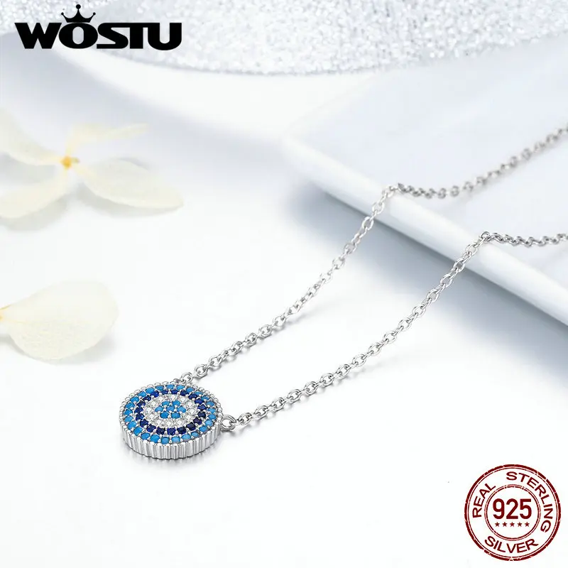 WOSTU, настоящее Серебро S925 пробы, Геометрическая круглая, шикарный, голубой глаз, подвеска и ожерелье для женщин, трендовые ювелирные аксессуары CQN099