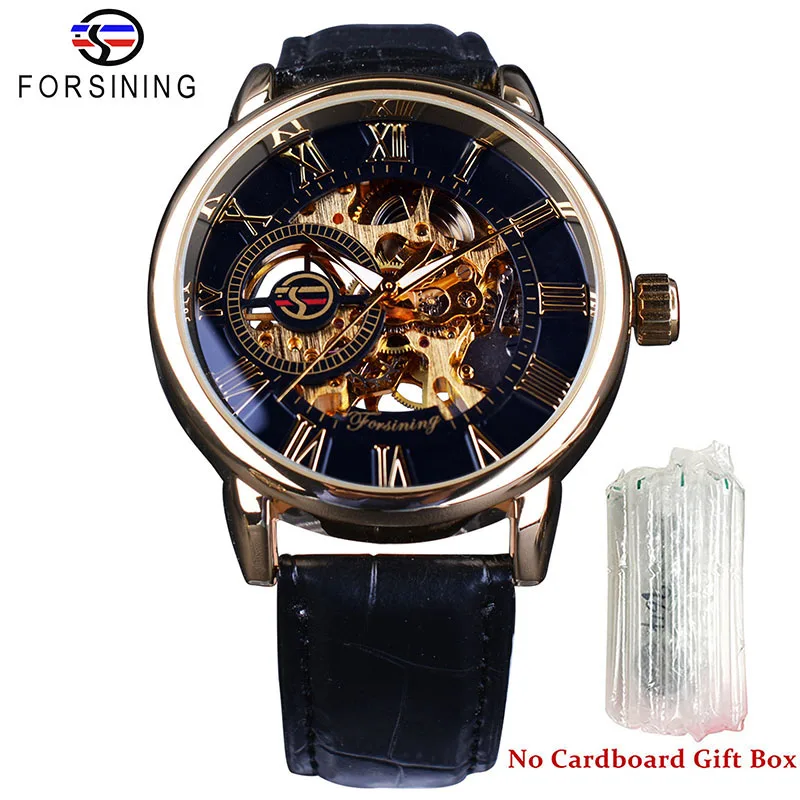 Forsining 3d логотип дизайн полые гравировка черный золотой чехол кожаный Скелет механические часы для мужчин люксовый бренд Heren Horloge - Цвет: Black Golden No Box