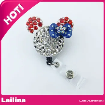 

Clear Rhinestone White Dot Blue Bow Minnie Mouse Head Retractable Black Badge Reel/ID Badge Holder/Pendant/Id Badge Holder