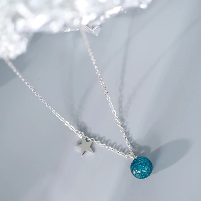 

Blue Sand Starlight Glass Ball Star Korean 925 Sterling Silver Clavicle Chain Literary Temperament Female Necklace SNE348