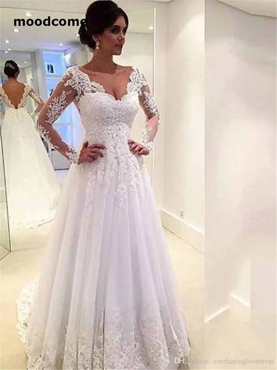 V-neck Long Sleeves Lace Court Train Tulle Applique Wedding Dresses Elegant Open Back White Bridal Gowns vestido de noiva 2019 | Свадьбы и