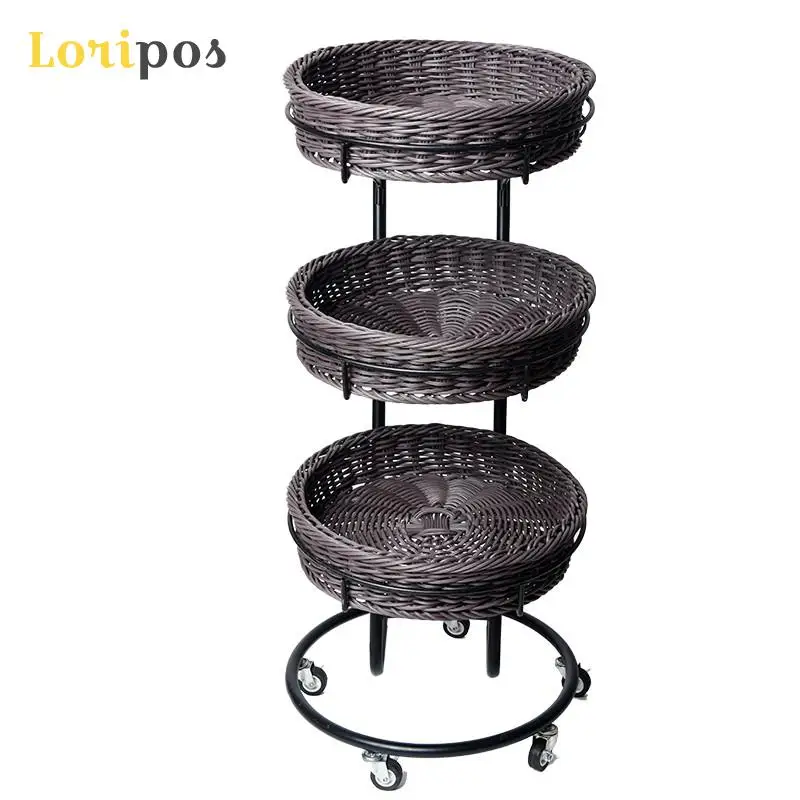 

Movable Rattan Baseket Shelf Shopping Mall Convenience Store Fruit Vegetable Storage Rack Shop Merchandise Display Rack