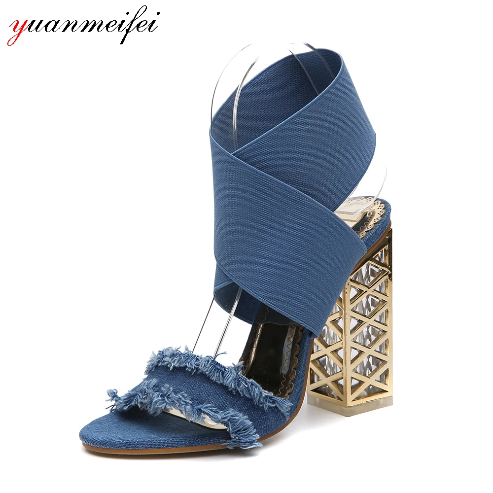 

yuanmeifei 2018 New Arrival Women's Sandals Shoes Ladies Square Heel Gladiator Summer Peep-toe Shoes High Heels Size 40 Slip-On
