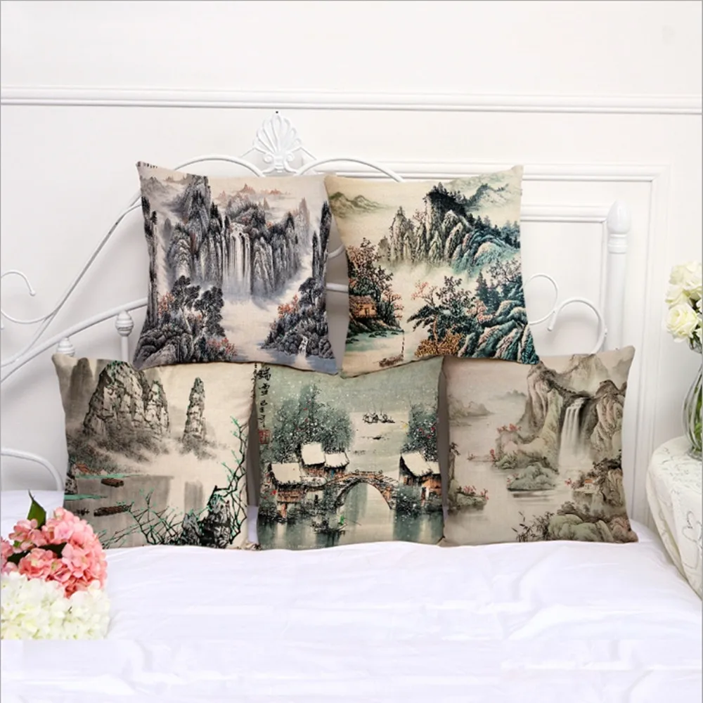 Landscape Painting Pillow Cover Home Decor Cushion Cover Linen Cotton