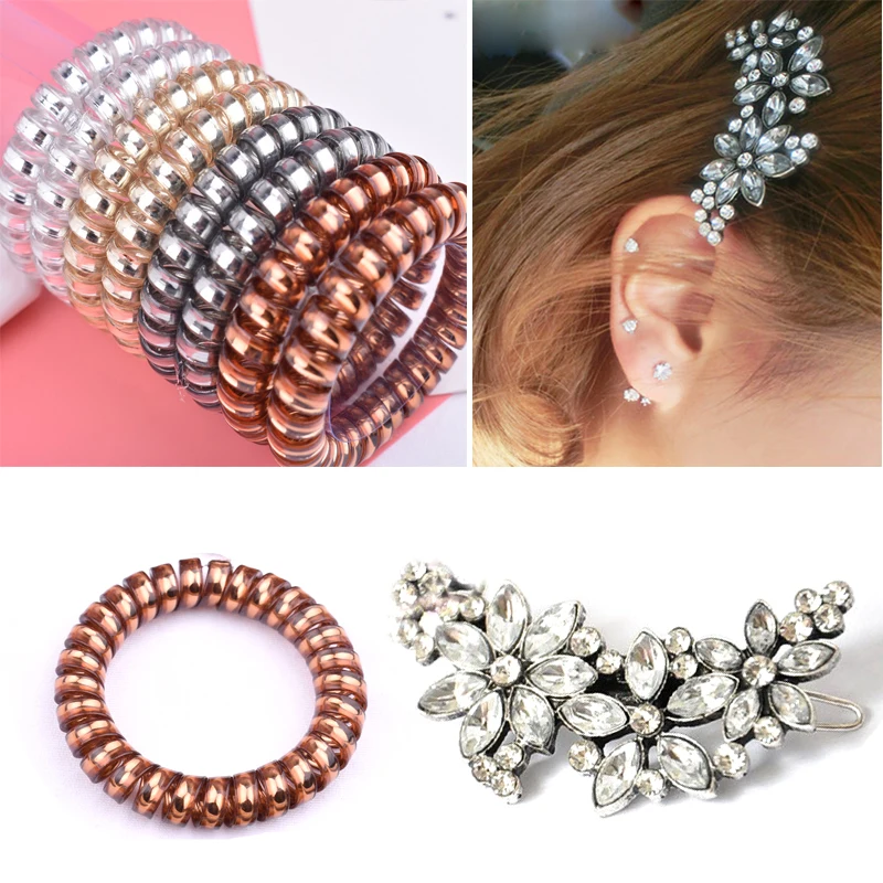 

6Pcs/Set Rhinestone Flower Hair Jewelry Wedding Hair Pins +Telephone Wire Hairbands Ponytail Holder Gum Women Hair Accessories