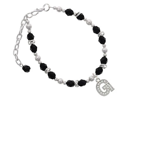 Silvertone Crystal Initial - G - Black Beaded Bracelet