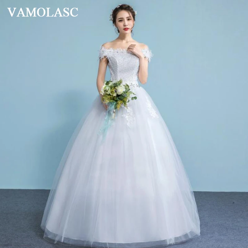 

VAMOLASC Pearls Boat Neck Lace Flowers Appliques Ball Gown Wedding Dresses Off The Shoulder Backless Bridal Gowns