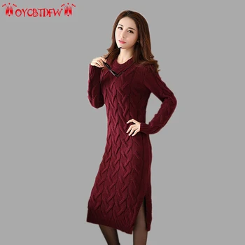 

Winter Women Sweaters 2018 Fashion New Solid Color Thickening Pullover Mid Long Section Round Neck Knitting Women Sweater Ll476