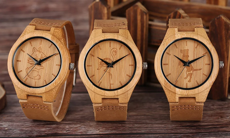 High Quality Men Wood Watch Natural Bamboo Wooden Handamde Lighweight Quartz Wristwatch CatDog Pattern Cute Animal Clock (24)