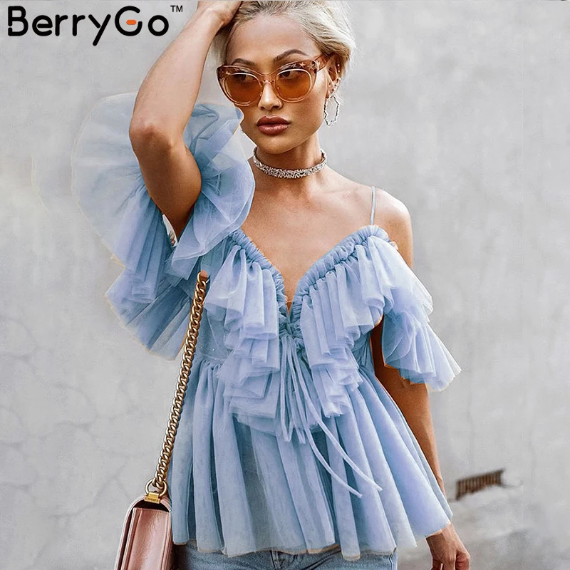 BerryGo женская блузка, винтажные летние блузки с рюшами, Рубашки, Топы с открытыми плечами, сексуальный топ с баской, Женская сетчатая блузка с открытой спиной, блузы