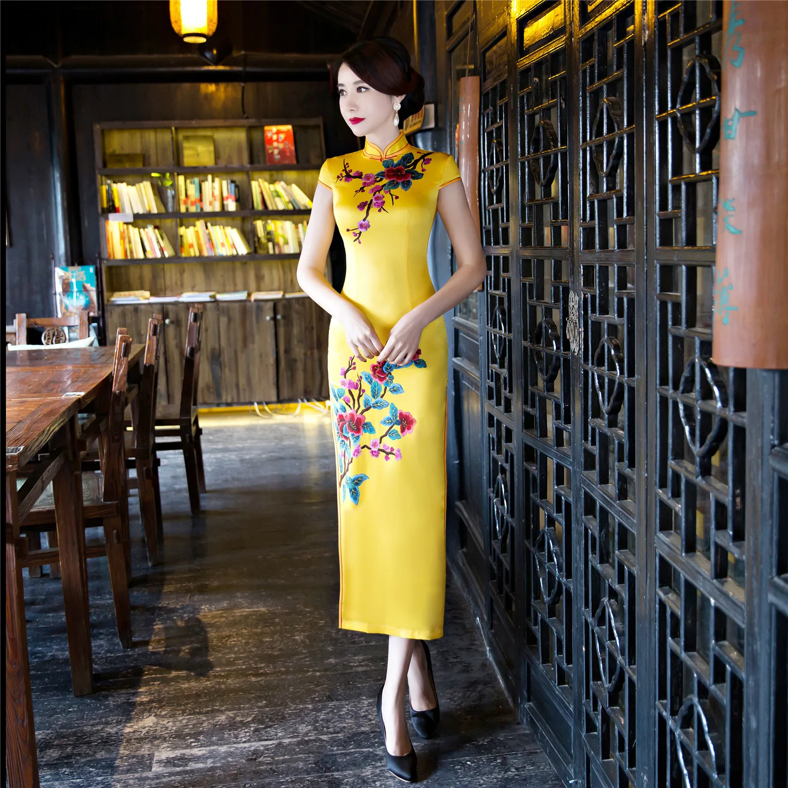 Длинное современное платье qipao Элегантное Шелковое Платье Ципао с длинным