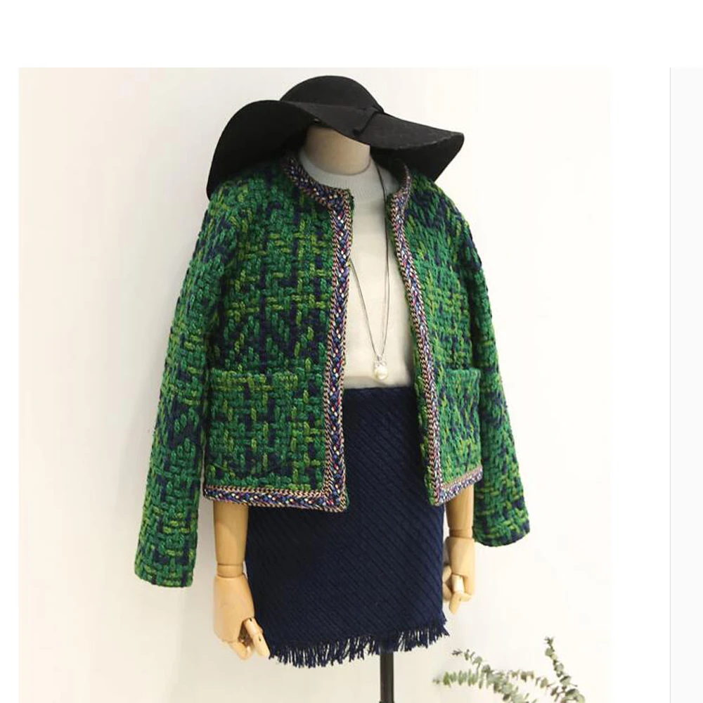 KoHuiJoo 2018 Women Green Tweed Jackets Autumn Winter Women Short