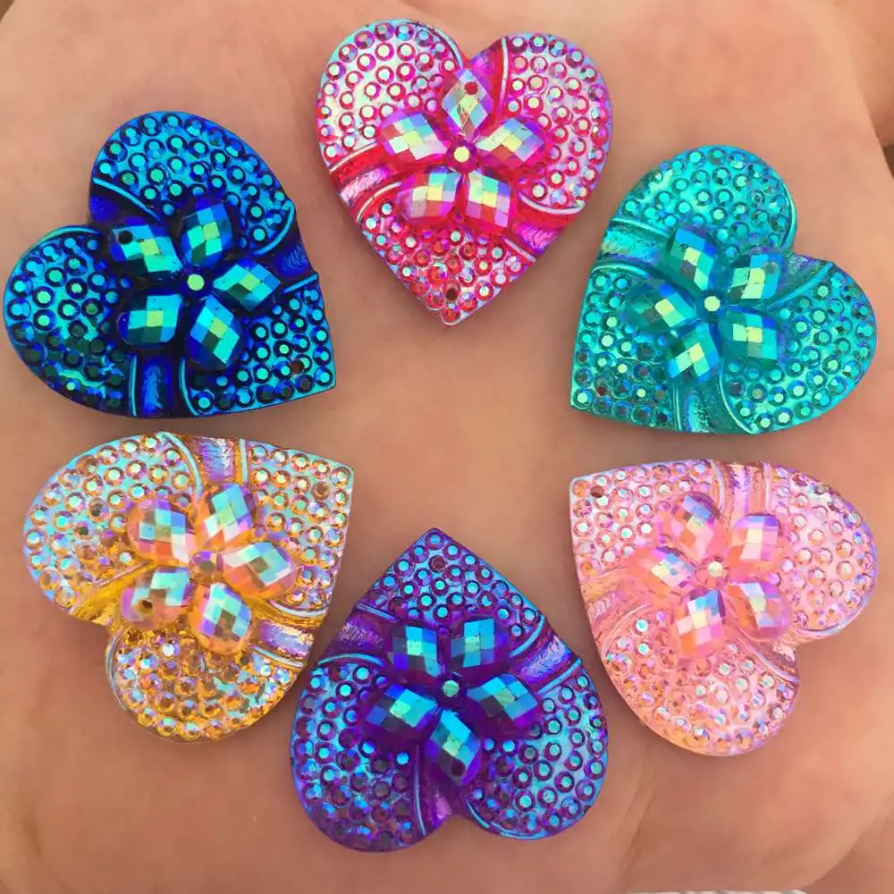 

New 12PCS AB Resin 25mm heart 3D flower Flat back rhinestone applique scrapbook Wedding Embellishment diy 2 hole craft SK77*2