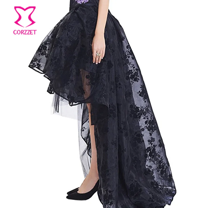 Черная шифоновая юбка с цветочным рисунком спереди, короткая сзади, длинная готическая юбка в викторианском стиле, стимпанк, Женская винтажная Клубная одежда размера плюс