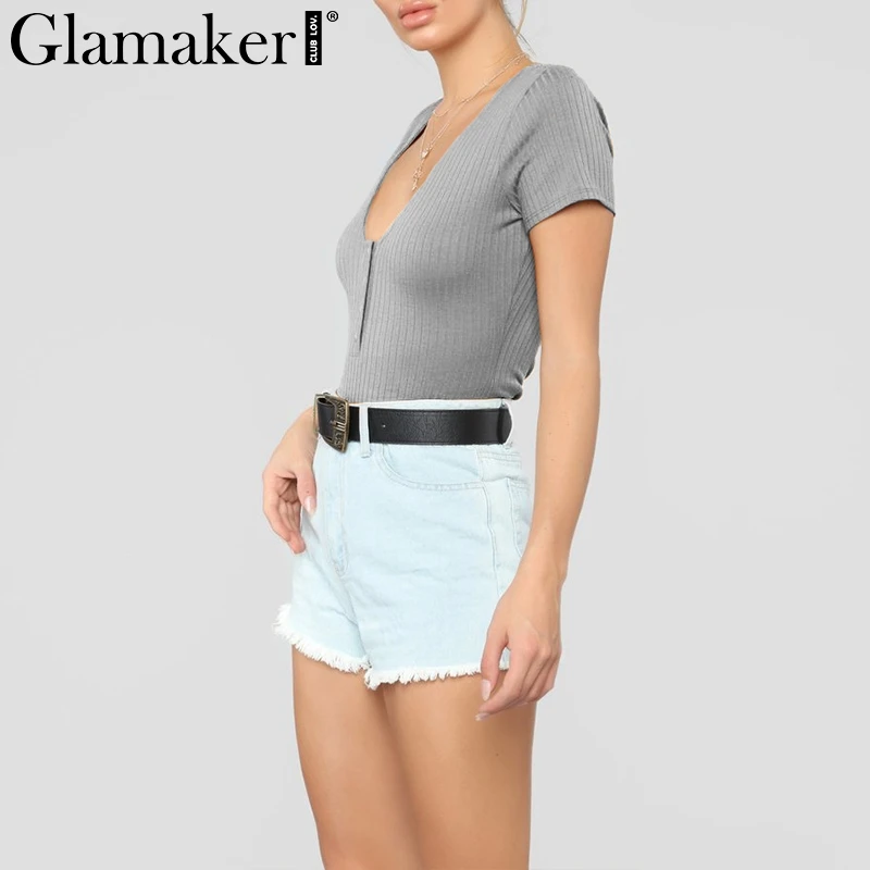 Glamaker Short sleeve sexy bodysuit top women spring bodycon short playsuit Female v neck black summer female bodysuit one-piece