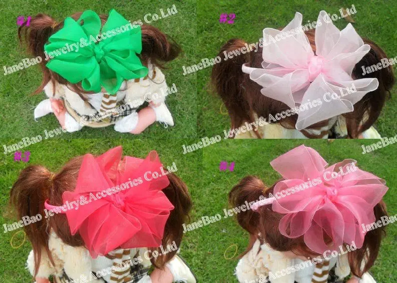 

free shipping 35pcs 5.5'' big organza headbands flower hair bows