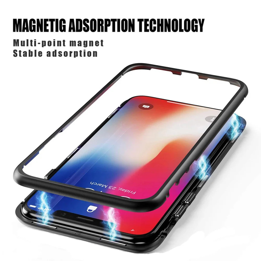Металлический магнитный чехол бампер для iPhone XR XS MAX X 8 Plus 7 закаленное стекло