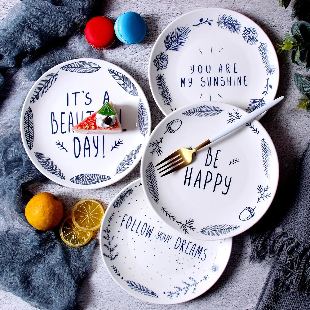 

Creative Alphabet Series Ceramic Round Plate Dinner Dishes Pasta Steak Dessert Circular Fruit Plates Fine Bone China Kitchenware