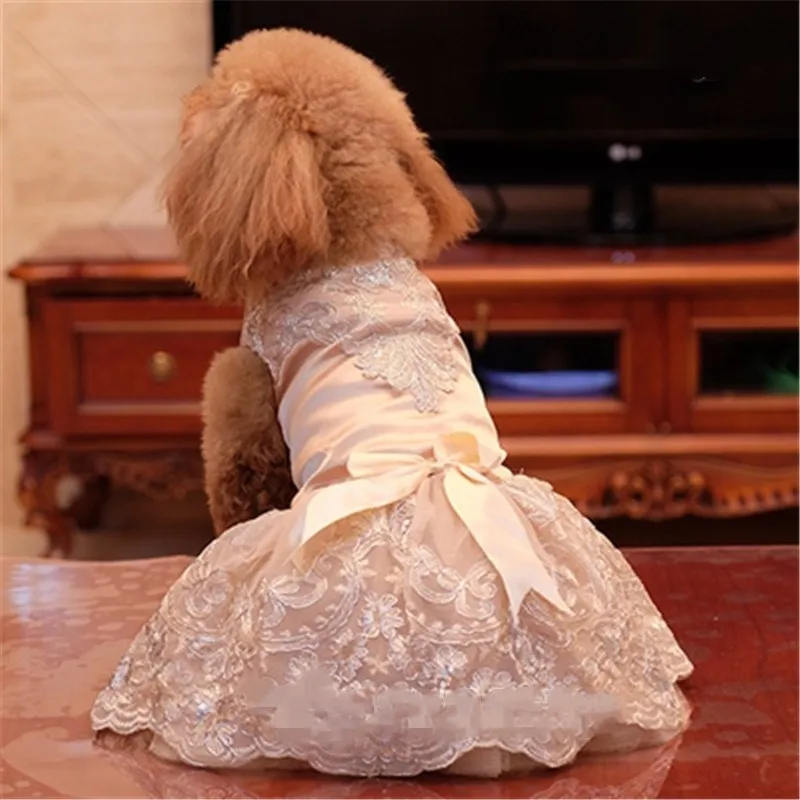 Princess Lace Adornment Dog Dress Pink Luxury Flowers Pet Skirt Costume