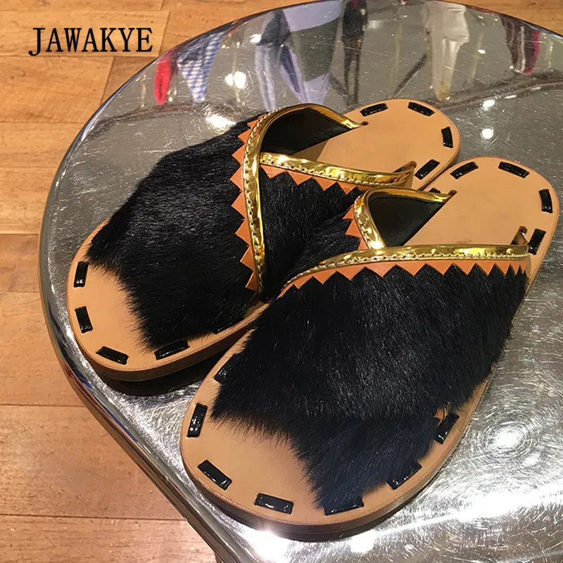 2018 Fashion Black Orange Fur Slipper Woman Open Toe Patchwork Flat Gladiator Sandals Women Shoes Beach