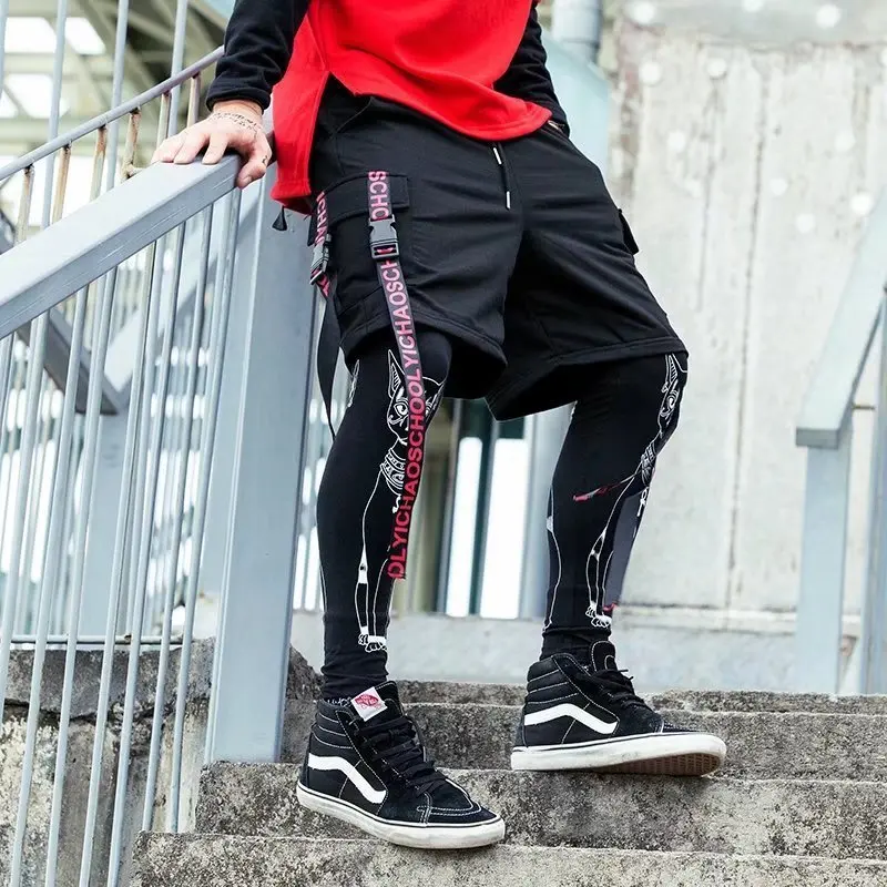 Ribbon Elastic Waist Mens Shorts Hip Hop Skateboard Bermuda Masculina