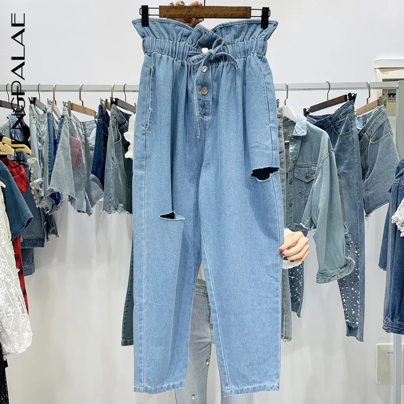 

SHENGPALAE New Summer Spring Japan Korea Style Ankle-length High Waist With Button Hole Drawstring Harem Women Loose Pants FQ975