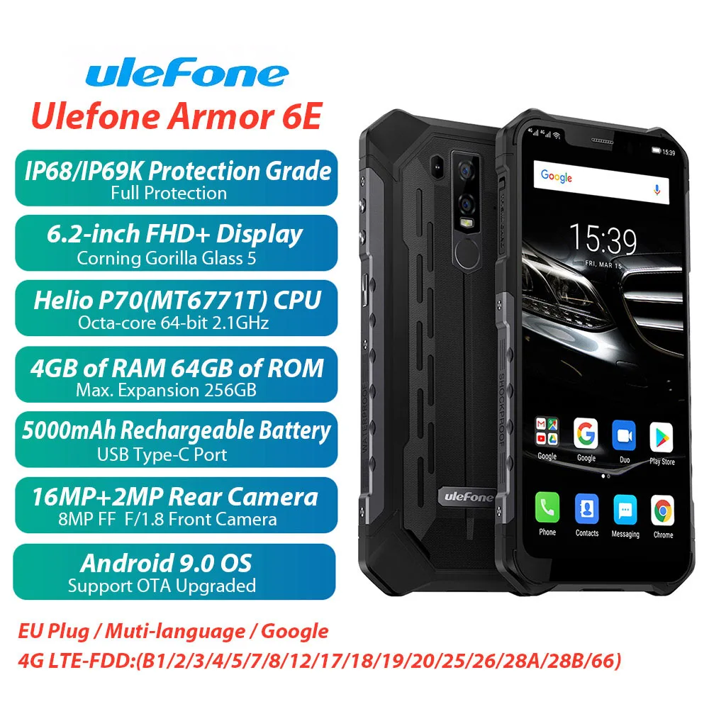 Ulefone Armor 6E IP68 водонепроницаемый прочный телефон 6,2 дюймов 4 GB+ 64 GB 16MP Android 9,0 Octa Core с беспроводной зарядки NFC смартфон