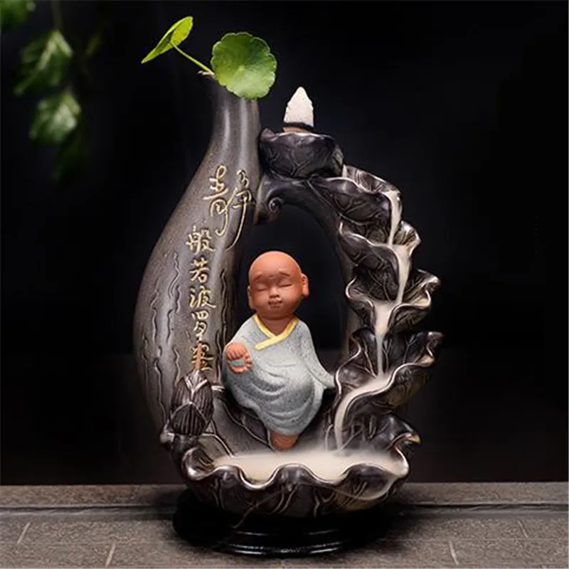 Творческий Маленький Будда монах керамический обратный поток ладан горелка лотоса водопад ладан держатель домашний декор кадильница для ароматерапии - Цвет: C
