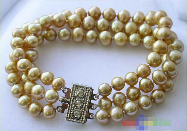 

P1670 3ROW 9MM champagne ROUND FRESHWATER PEARL BRACELET@^Noble style Natural Fine jewe SHIPPING new >>free shipping