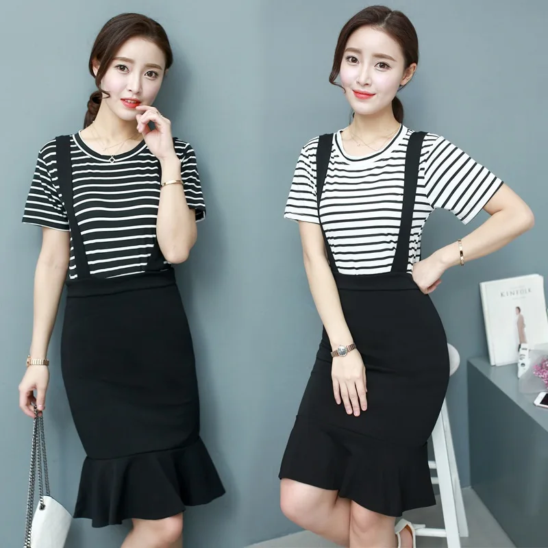 

2 Piece set Korea style Elegant Bodycon Mermaid dress women 2018 New Women's Set O-neck Striped t-shirt+High Waist Ruffle dress