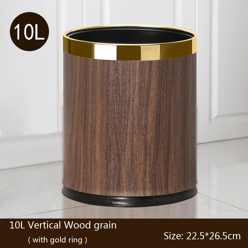 

Metal Trash Can , Wood Grain Waste Bin, Double Layer Trash Bins Home Kitchen Hotel Open Top Floor Stand Wastebasket without Lid