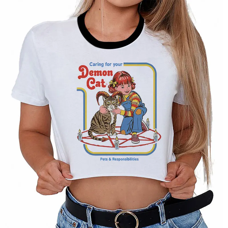 

2019 Summer Vogue Harajuku Vintage T-shirt Women Caring For Your Demon Cat Funny T Shirts Women White Crop Top Tee Shirt Femme