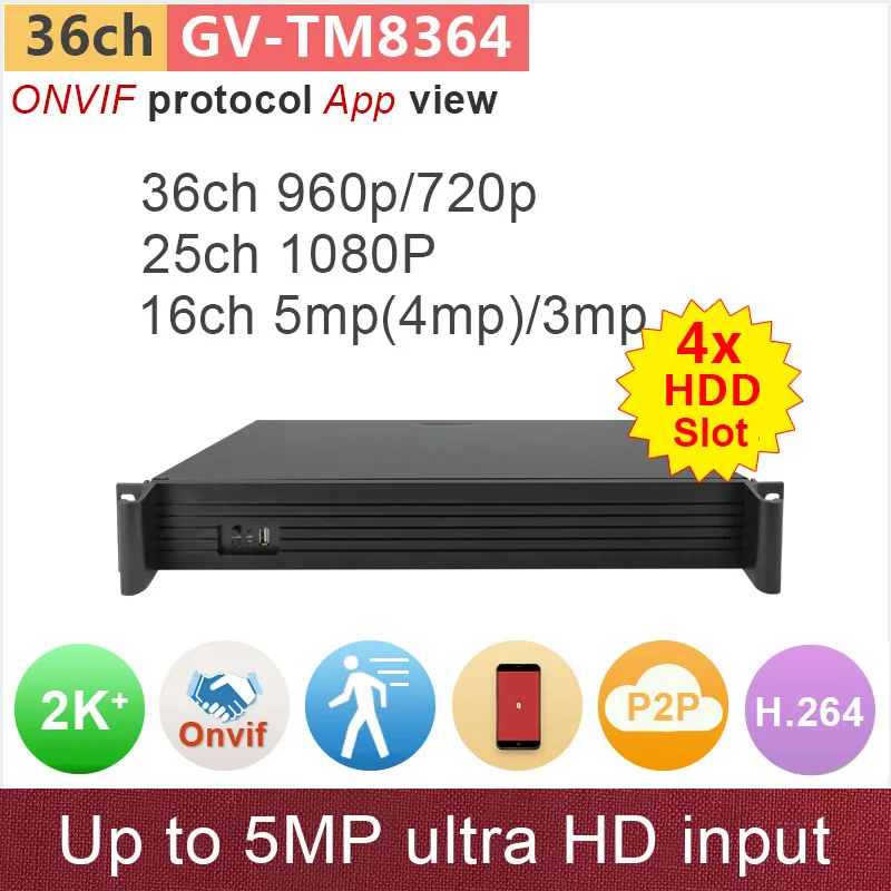 

36 channel HD ONVIF NVR 25ch 1080P or 16ch 5mp/3mp IP camera input 4 SATA HDD Interface max 24TB storage aluminum body GV-TM8364