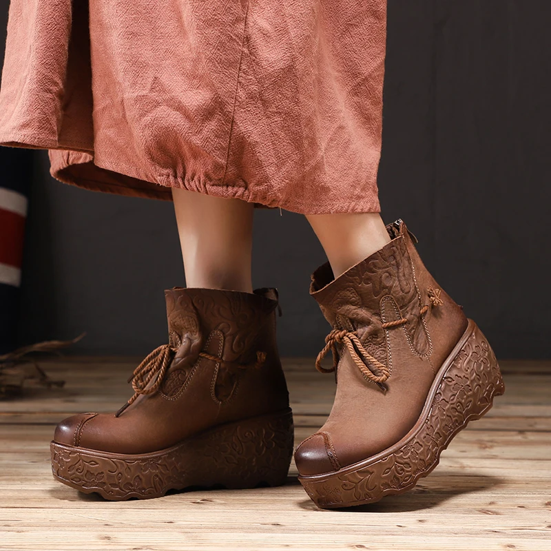 VALLU Brand Floral Booties Lady Shoes Lace Design Bow-Knot Back Zip Women Ankle Boots Real Leather High Platform Female Wedges VALLU Brand Floral Booties Lady Shoes Lace Design Bow-Knot Back Zip Women Ankle Boots Real Leather High Platform Female Wedges