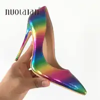 2019 Brand fashion Women Shoes Rainbow Printed Leather Woman Shoes Sexy Stilettos High Heels 8 10 12cm Pointed Toe Women Pumps