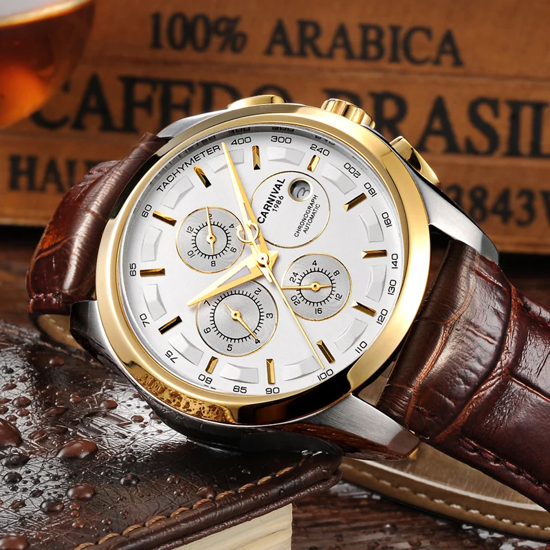 

Carnival Mechanical Watch Men Multifunctional Sapphire date-day Water Resistant Leather Strap Men's Business Wrist watch