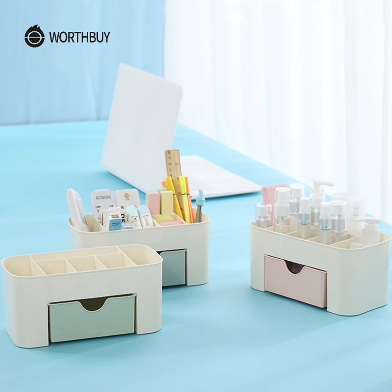 

WORTHBUY Multifunctional Makeup Organizer Box Plastic Desk Desktop Makeup Organizer For Cosmetics Box Bathroom Storage Container