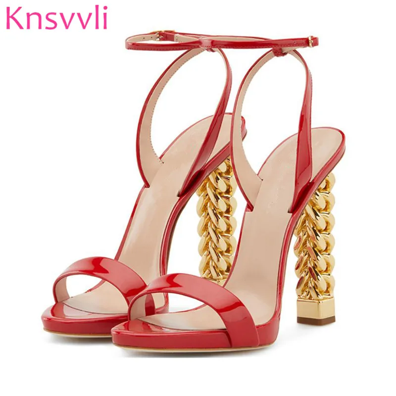 Новая красная лакированная кожа; Туфли-босоножки на высоком каблуке женские ботильоны Туфли с ремешком и пряжкой Обувь для подиума с золотистой цепочкой странный стиль каблука; sandalia Feminina; размеры